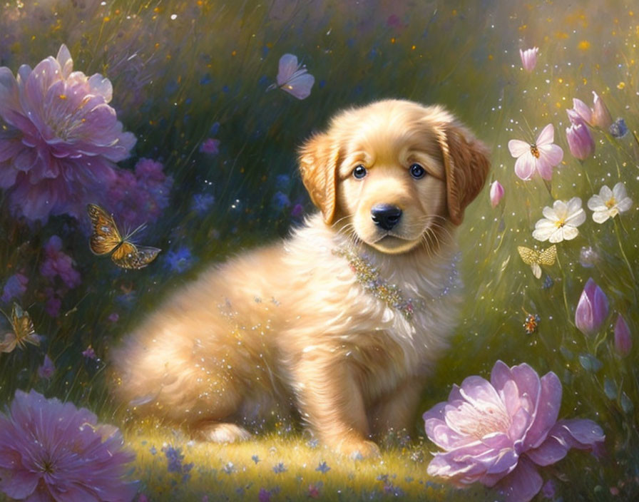 Golden Retriever Puppy in Enchanted Garden with Pink Flowers and Butterflies