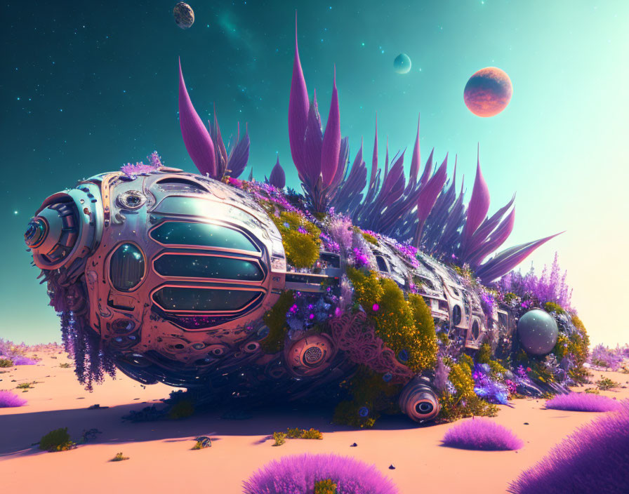 Abandoned spaceship covered in vegetation on alien planet with multiple moons