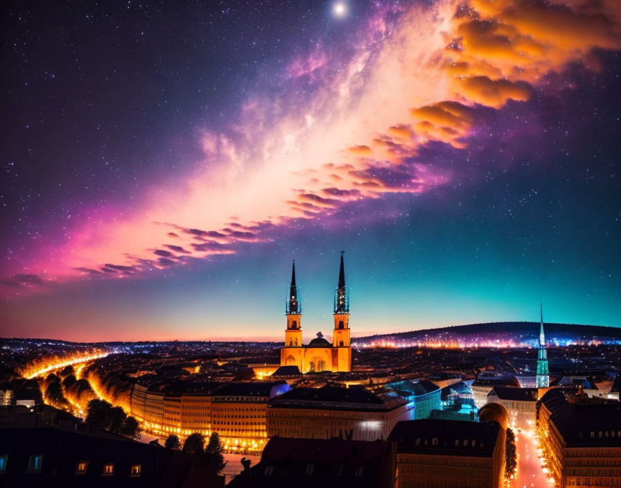 Colorful cityscape night scene with starry sky and church.