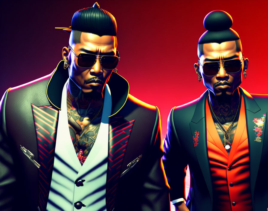 Stylized male figures with tattoos in fashionable suits on red background