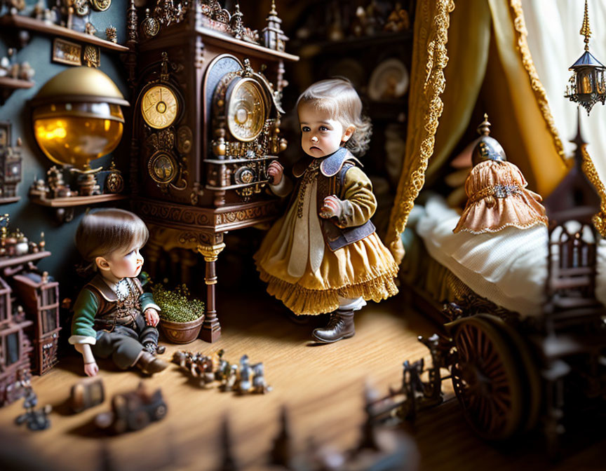 Vintage room with two toddlers and antique furniture, chess set, and ornate decorations.