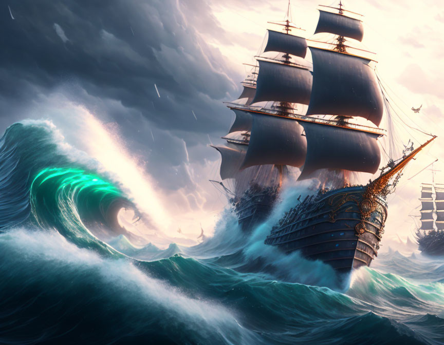 Tall ship sailing through stormy seas amid towering waves