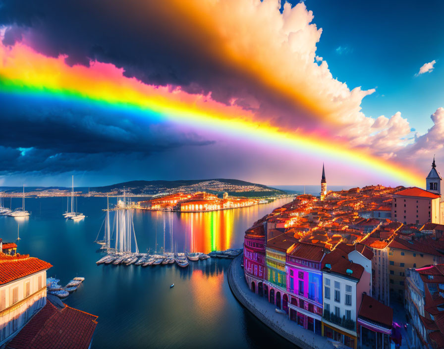 Colorful coastal town with rainbow, buildings, boats, and dramatic sky