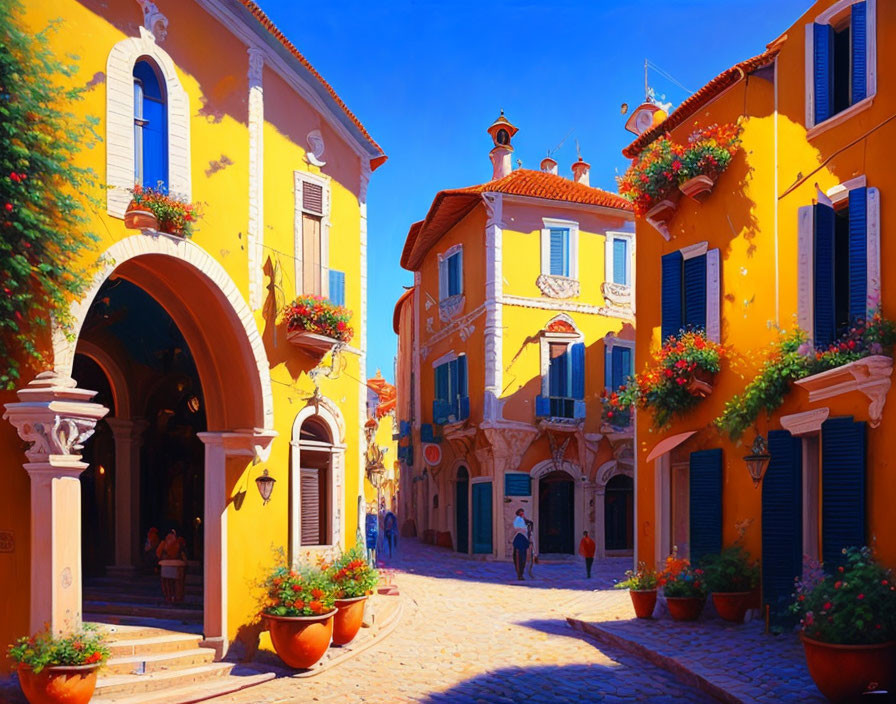 Colorful street with painted buildings and flowers under blue sky