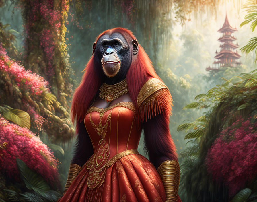 Anthropomorphized female gorilla in red dress in enchanted forest setting