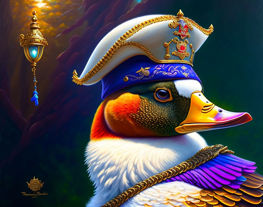 Regal duck in colorful attire against dark forest background