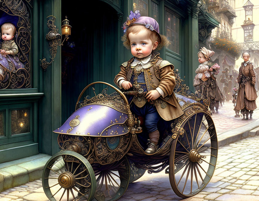 Digital artwork: Toddler in vintage clothing in ornate baby carriage on cobblestone street