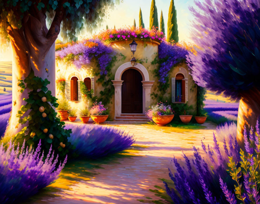 Scenic painting of villa in lavender fields at sunset