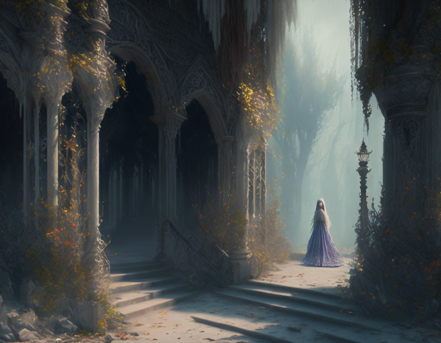 Woman in long dress in mystical forest with ornate columns and overgrown foliage