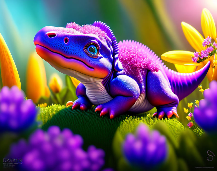 Colorful Cartoon Dinosaur Relaxing Among Flowers