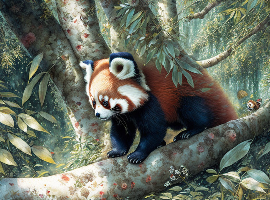 Red panda climbing tree branch in lush forest with bird watching