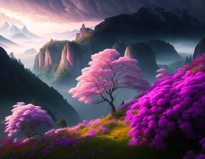 Colorful Fantasy Landscape with Magenta Trees and Purple Hills