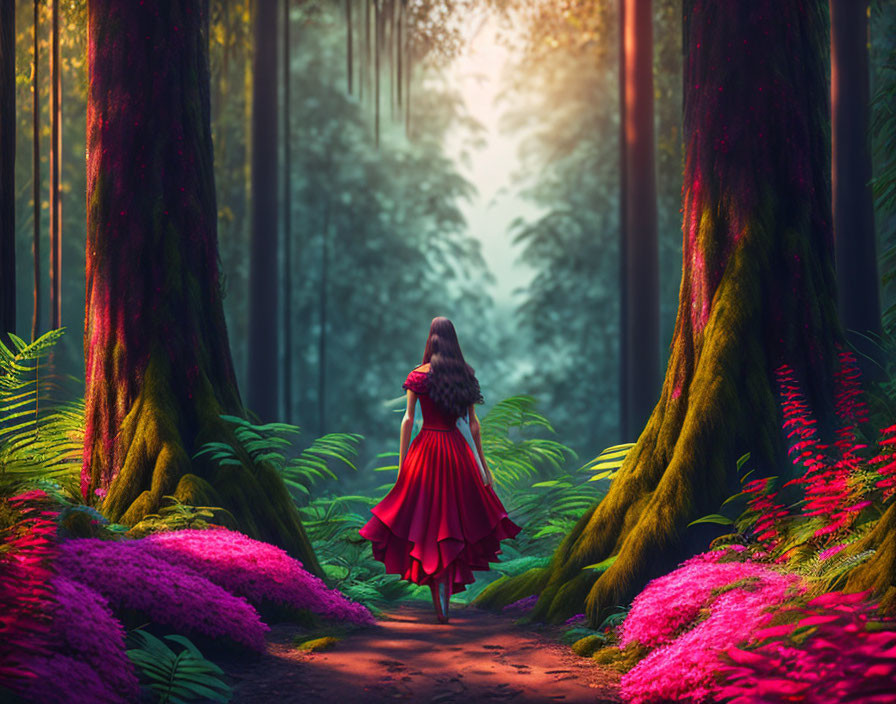 Woman in Red Dress Stands in Ethereal Forest