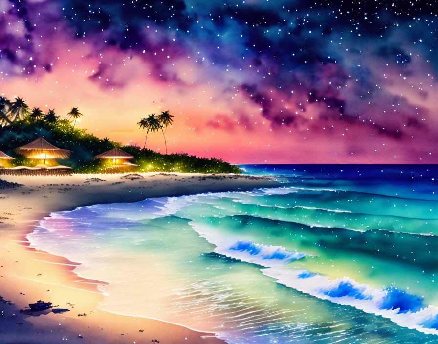 Night Beach Scene: Starry Sky, Blue to Pink Sea Gradient, Shore Huts, Gentle Waves