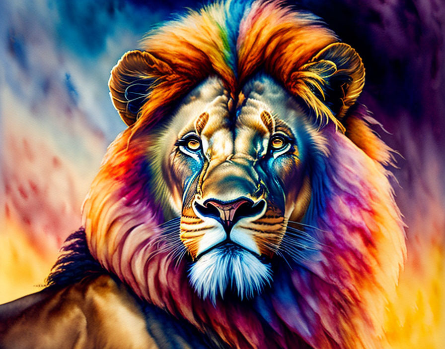 Colorful Lion Portrait with Majestic Mane in Fiery and Cool Hues