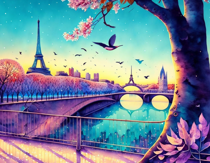 Vibrant Paris Sunset with Eiffel Tower, Cherry Blossoms, River, Bridges, Birds