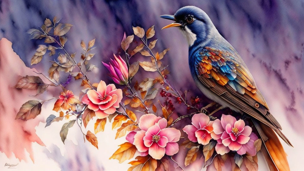 Colorful Bird Perched Among Pink and Purple Blossoms in Dreamy Painting