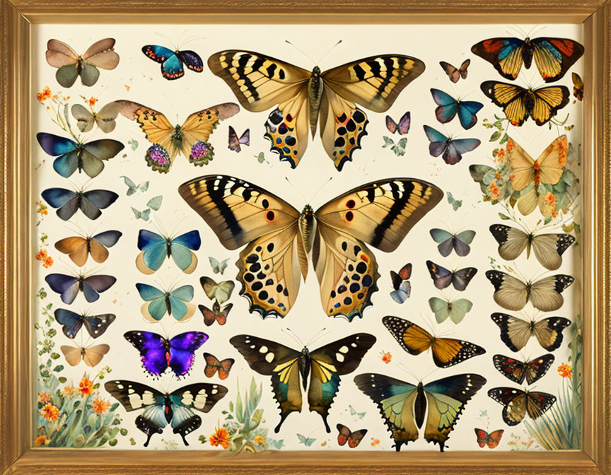 Symmetrical arrangement of colorful butterflies on beige background