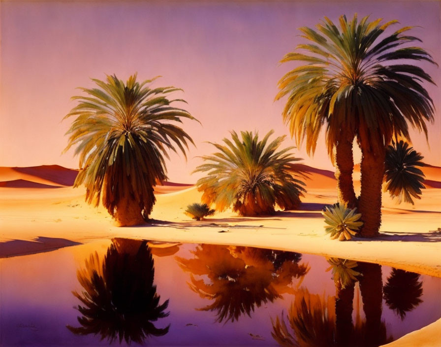 Tranquil desert oasis at sunset with palm trees and warm hues