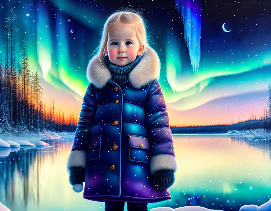 Child in winter coat under colorful aurora night sky