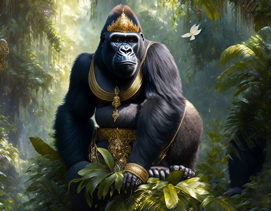 Gold-Adorned Gorilla in Lush Jungle with Butterfly