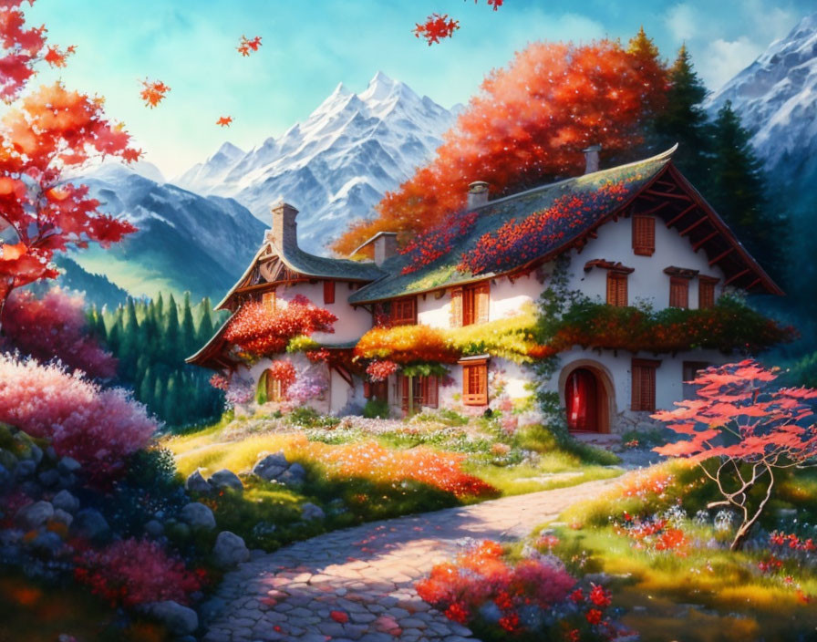 Red-roofed cottage in vibrant autumn landscape with mountains.