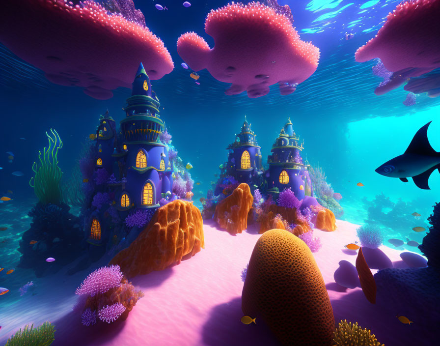 Colorful Coral Formations and Aquatic Castles in Vibrant Underwater Fantasy Scene