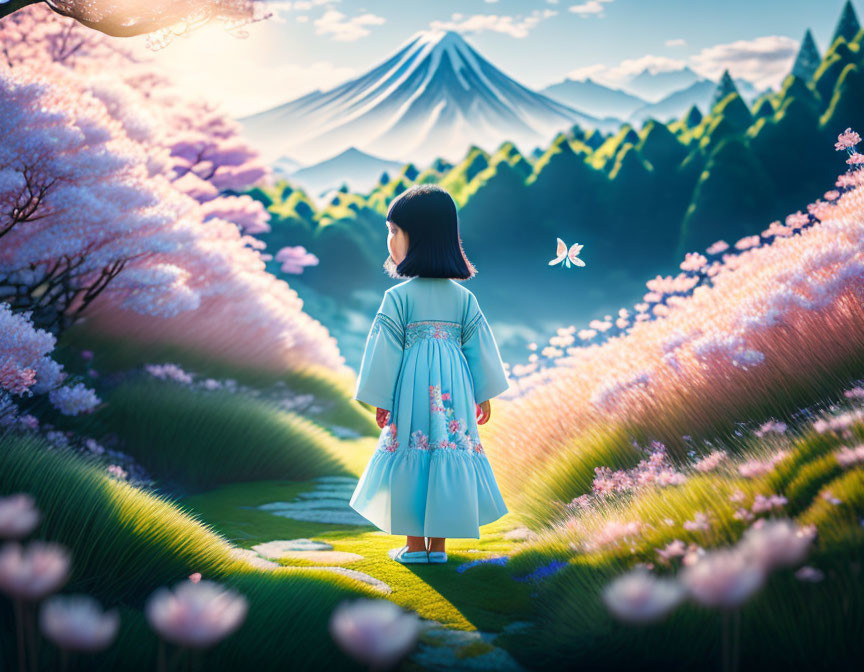 Young girl in blue dress with pink flowers and Mount Fuji background