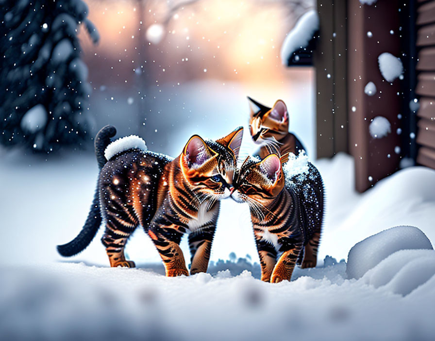 Two Striped Cats Nose-to-Nose in Snowy Scene with Falling Snowflakes