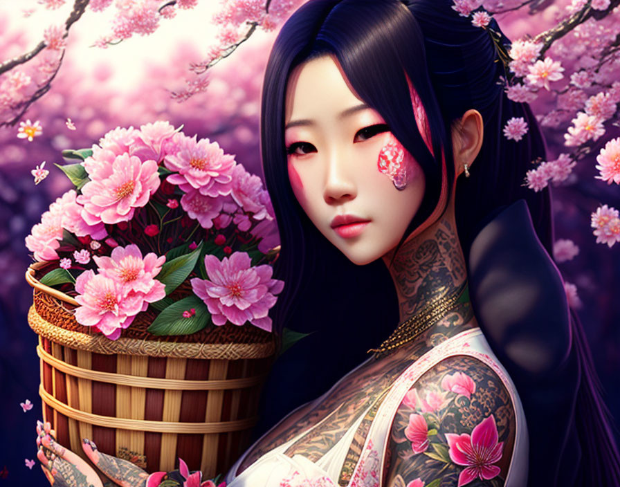 Illustrated woman with intricate tattoos and cherry blossoms holding flowers in floral backdrop