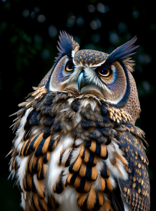 Majestic Owl with Orange Eyes and Ear Tufts on Dark Background