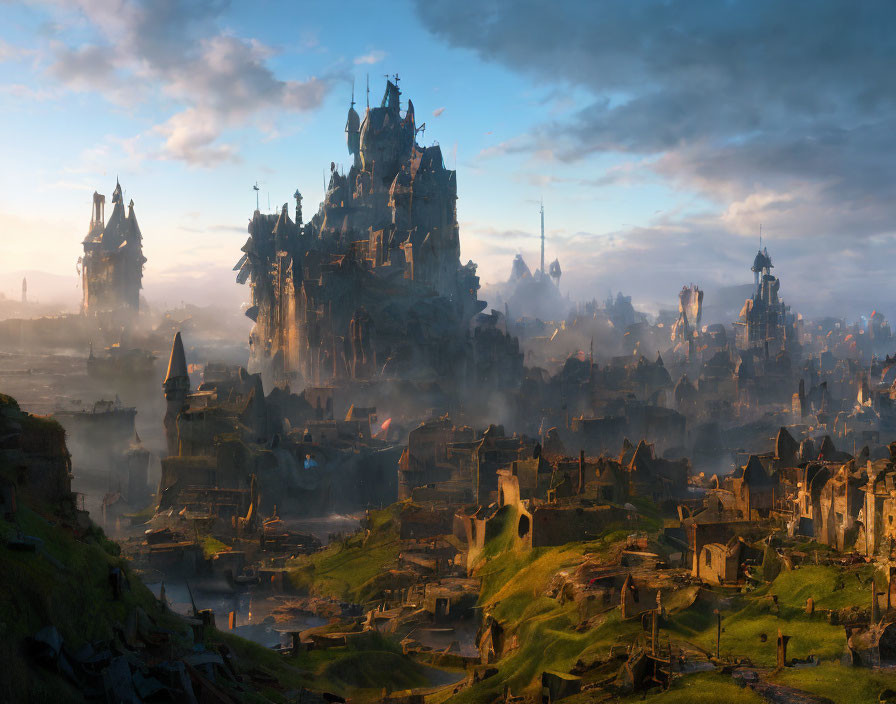 Majestic fantasy cityscape at sunrise with towering spires and ancient structures