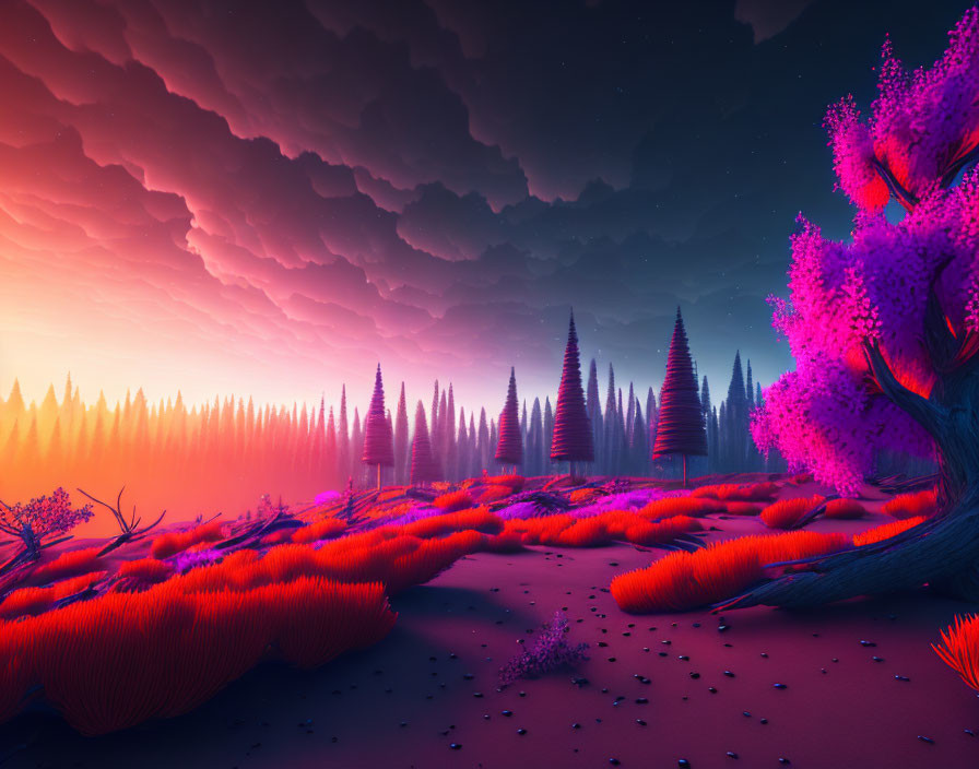 Vibrant surreal landscape with purple foliage and pink sky