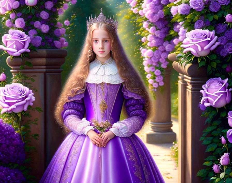 Young girl in purple medieval dress with silver crown in lush garden.