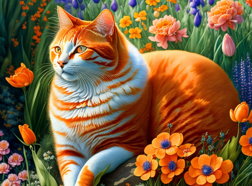 Orange and White Striped Cat with Blue Eyes in Colorful Garden