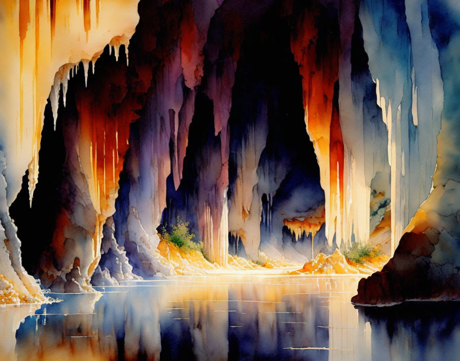 Serene cave with stalactites in watercolor art