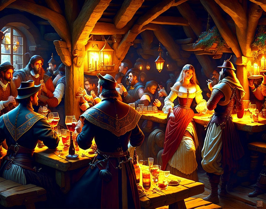 Medieval tavern scene with patrons conversing and woman talking to man in feathered hat