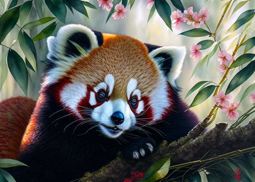 Red panda on branch with green leaves and pink flowers, bright eyes.