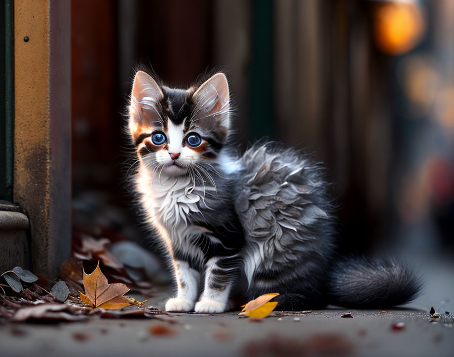 Adorable black and white kitten with blue eyes in autumn setting