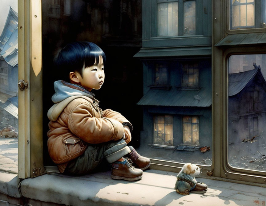 Child Contemplating Urban Scene with Toy Figure in Window