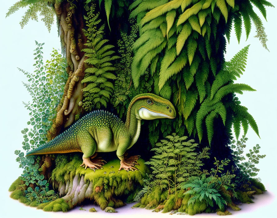 Green Spotted Dinosaur Among Vibrant Ferns and Foliage