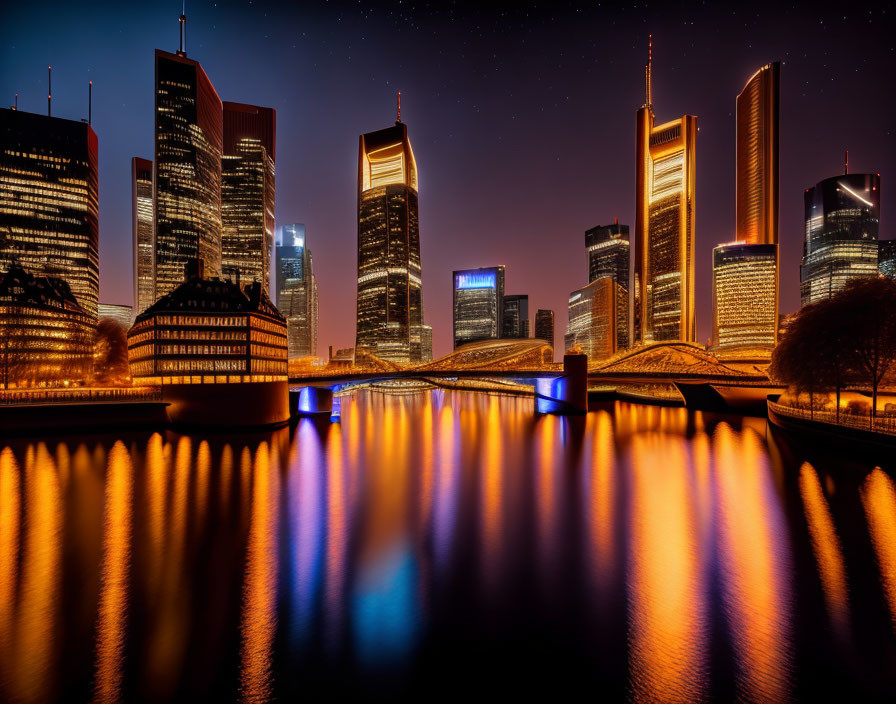 Nighttime cityscape with illuminated skyscrapers, reflected on calm river, lit bridge under starry