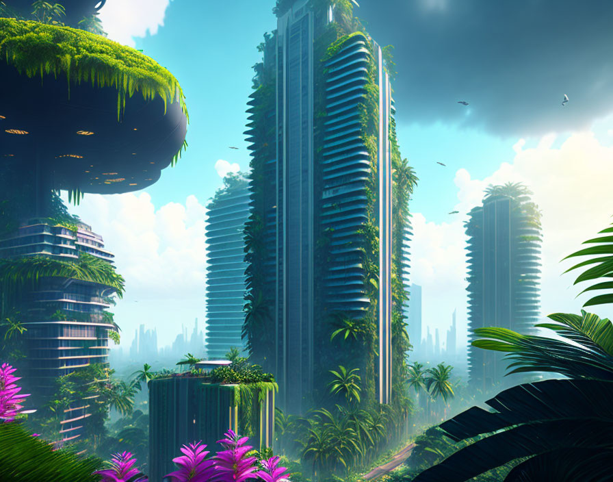 Futuristic cityscape blending with lush green jungle under clear blue sky