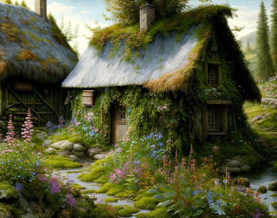 Tranquil forest landscape with moss-covered cottages and stream