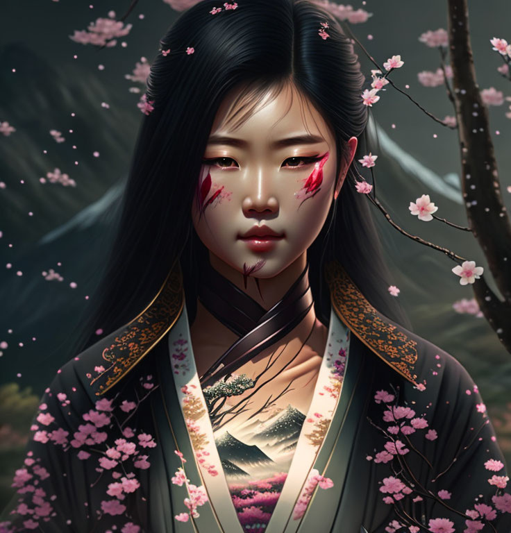 Illustrated portrait of woman with cherry blossoms, mountain landscape, and red markings