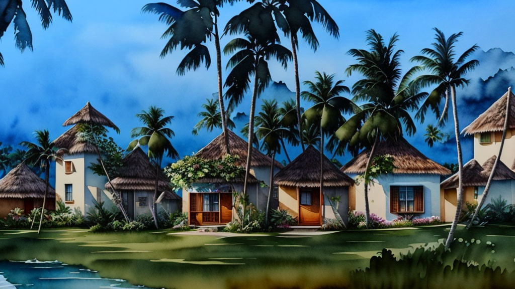 Tropical Beach Resort with Thatched-Roof Huts & Palm Trees at Twilight