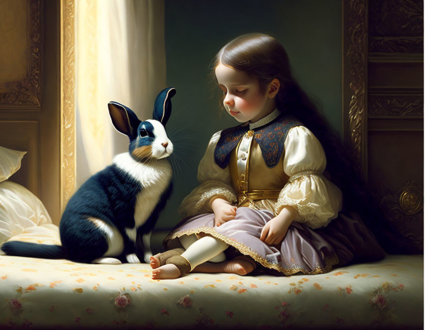 Young girl in vintage clothing with large rabbit in warm sunlight