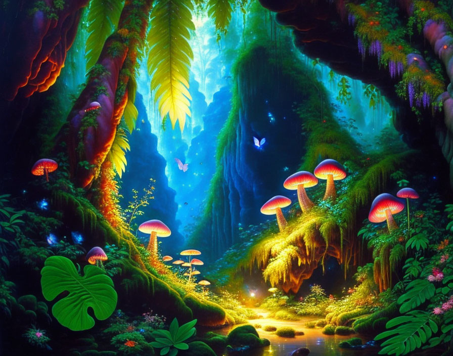 Enchanting forest scene with luminescent mushrooms and butterflies