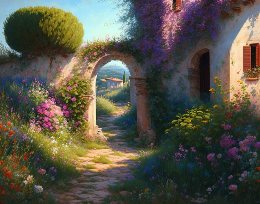 Stone Pathway with Archway and Vibrant Flowers in Serene Landscape