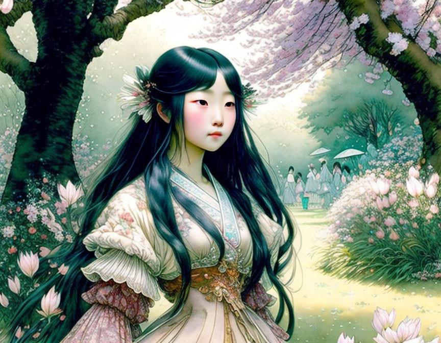 Illustrated woman in traditional attire amidst blossom-filled landscape